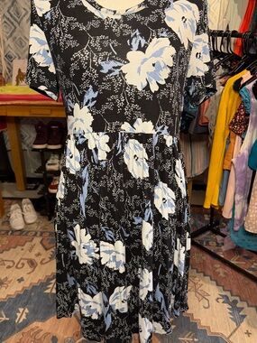 Black Floral Short-Sleeve Swing Dress with Light Blue and White Blooms